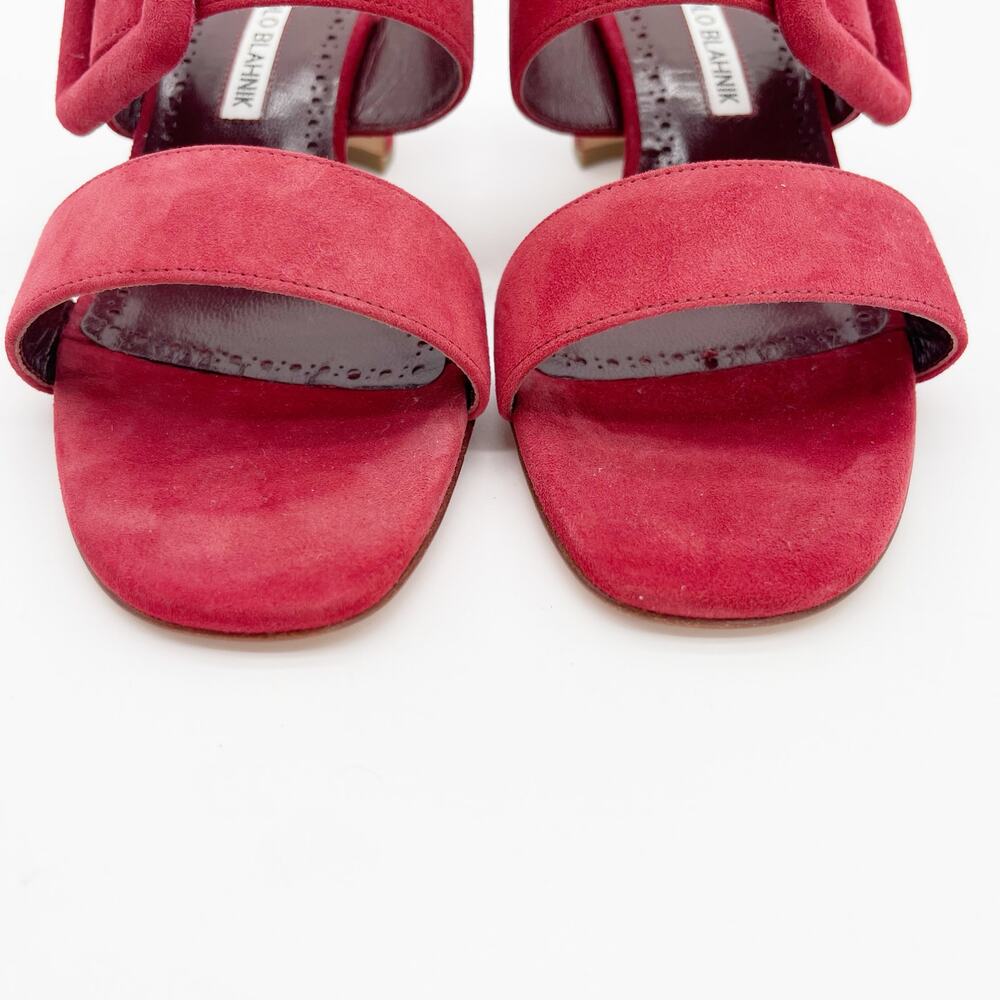 Manolo Blahnik Titubanew Red Suede Open Toe Buckle Mule Sandals Heels IT 37 - Picture 8 of 12